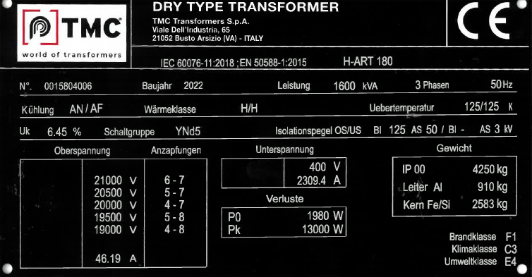 Bespoke 20ft container / NER +  Dry Transformer 1600/2000 kVA – 20 kV – 400 V